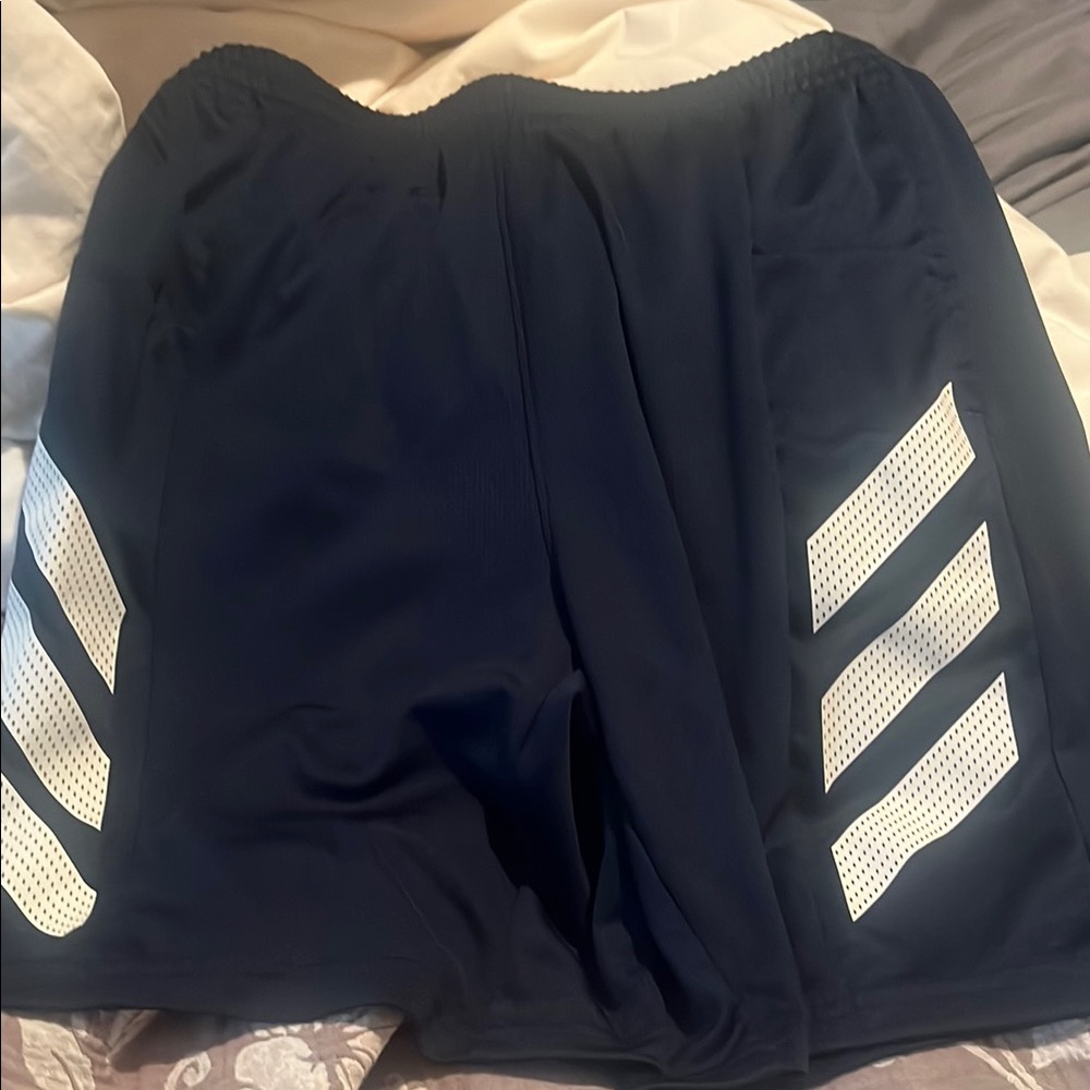 Adidas Blue and White Athletic Shorts with Classic Stripes
